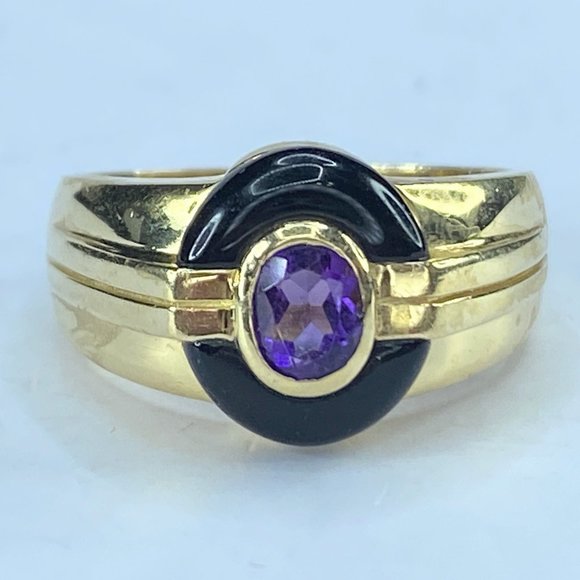 14k yellow gold oval faceted Amethyst Onyx Gypsy ring s6 4.67g